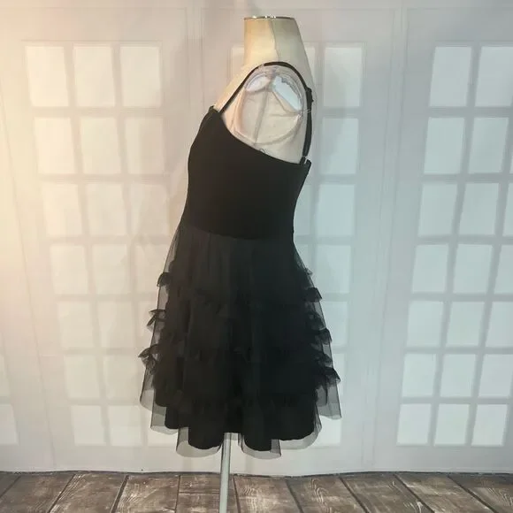 Row A Black Velvet Ruffled Chiffon Skirt Lined Mini Party Dress Size Large - Picture 6 of 10